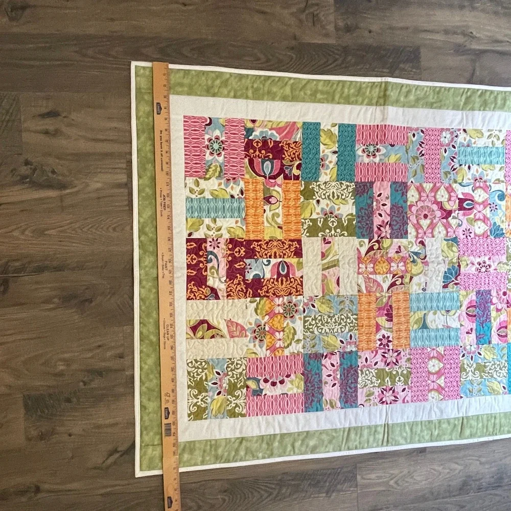 Handmade Floral Patchwork Quilt Pink Green Orange Teal Lap Blanket 36x52
